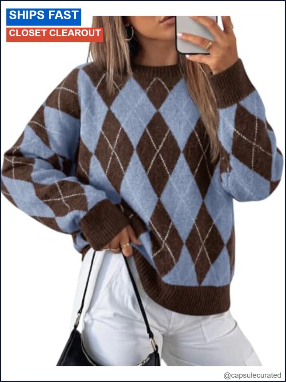 Oversized Argyle Plaid Knit Sweater Long Sleeve Crew Neck Pullover